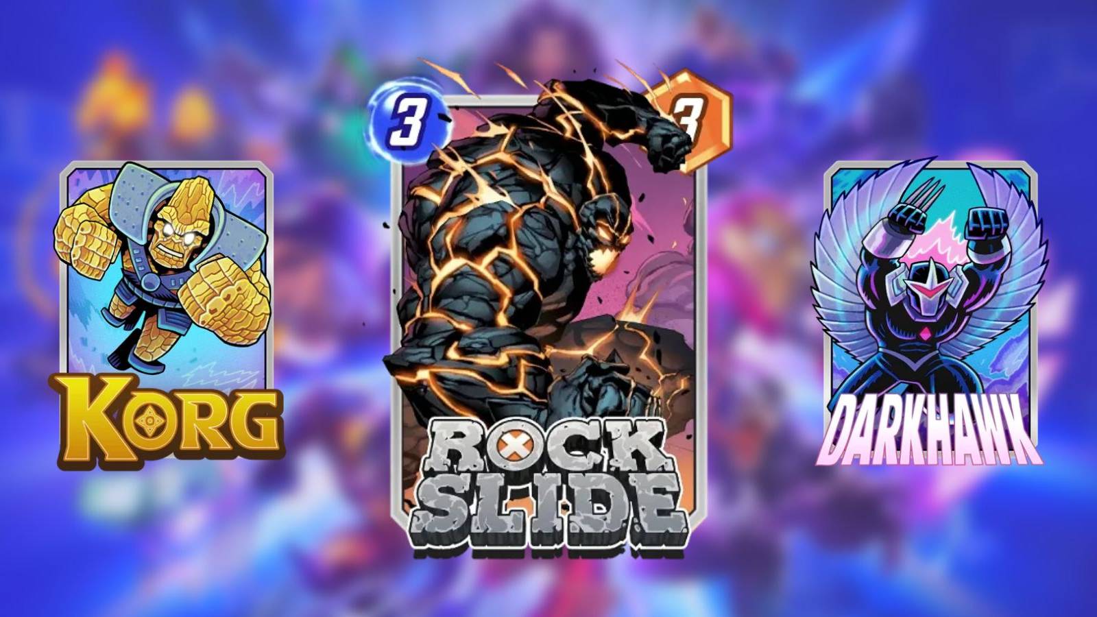 rockslide, korg, and darkhawk cards in marvel snap.