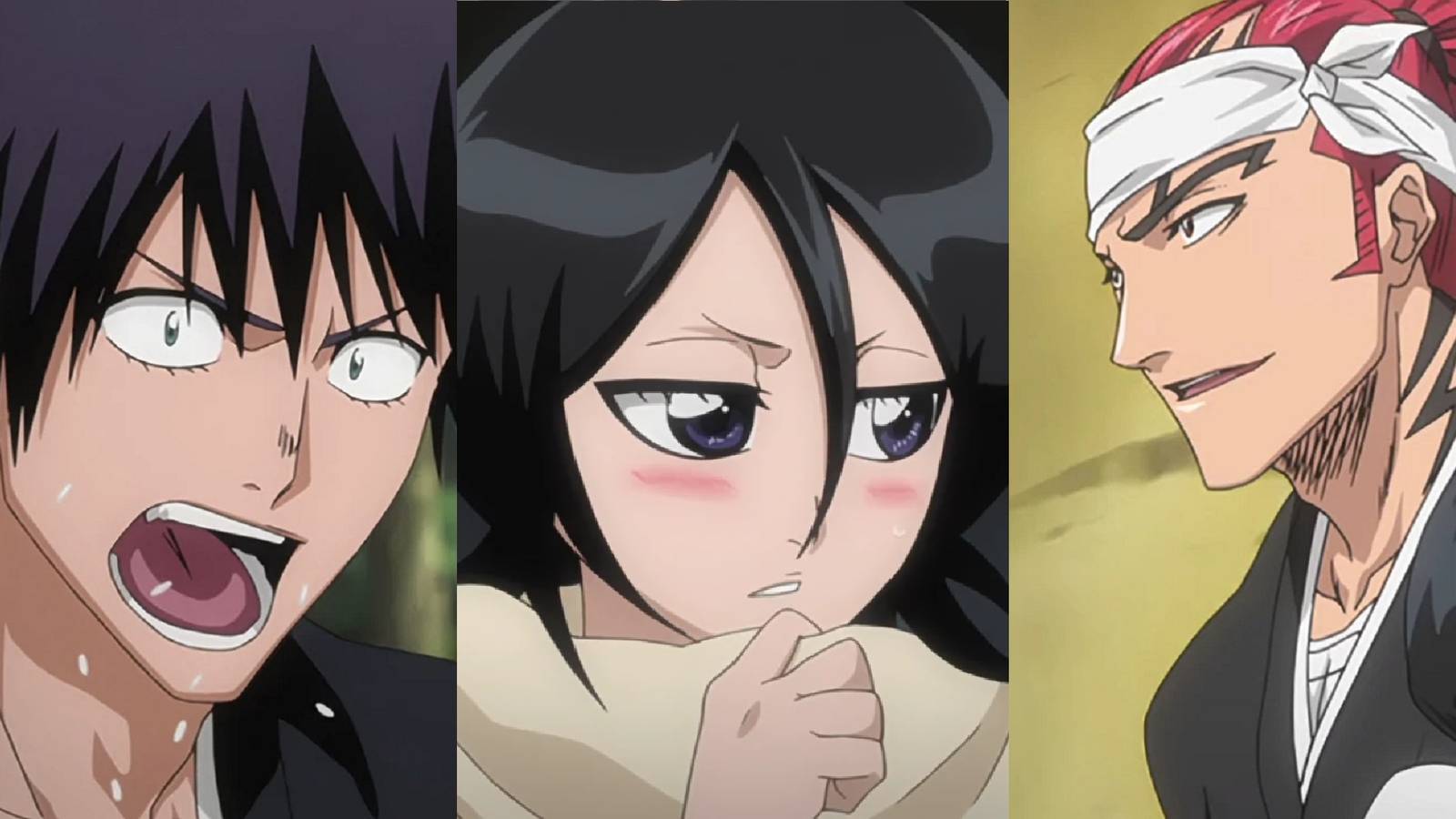 Split image of Kaien Shiba yelling at Rukia, Rukia blushing, and Renji carrying Rukia in the Bleach anime