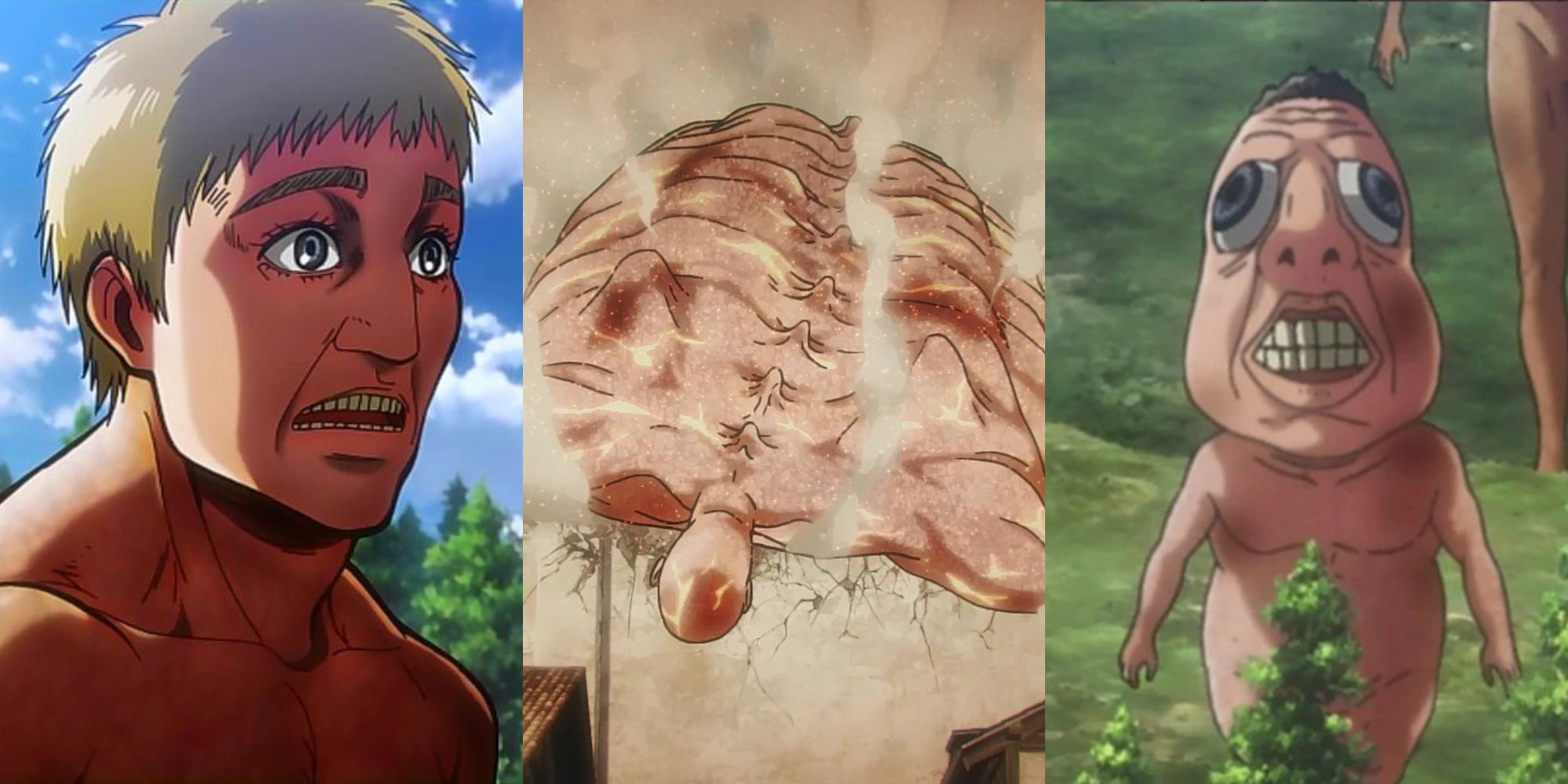 A collage of some of the scariest Abnormal Titans in Attack on Titan: The Talking Titan, Rod Reiss' Titan form and the Gluttonous Titan