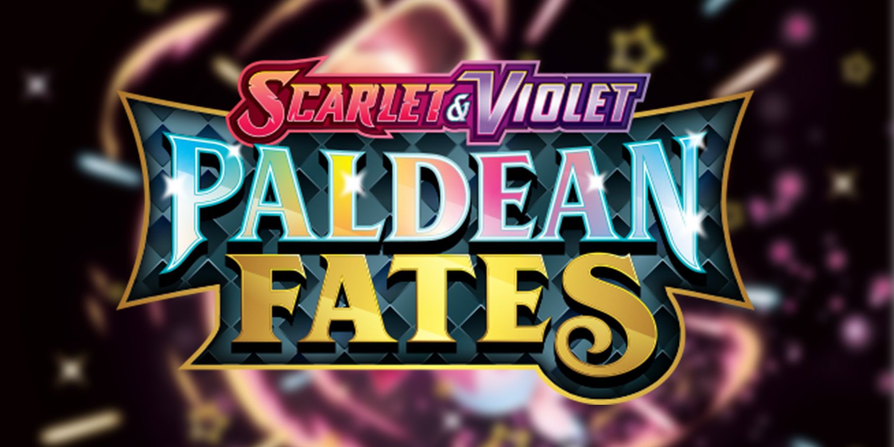 Scarlet and Violet Paldean Fates Pokemon TCG logo over blurred background