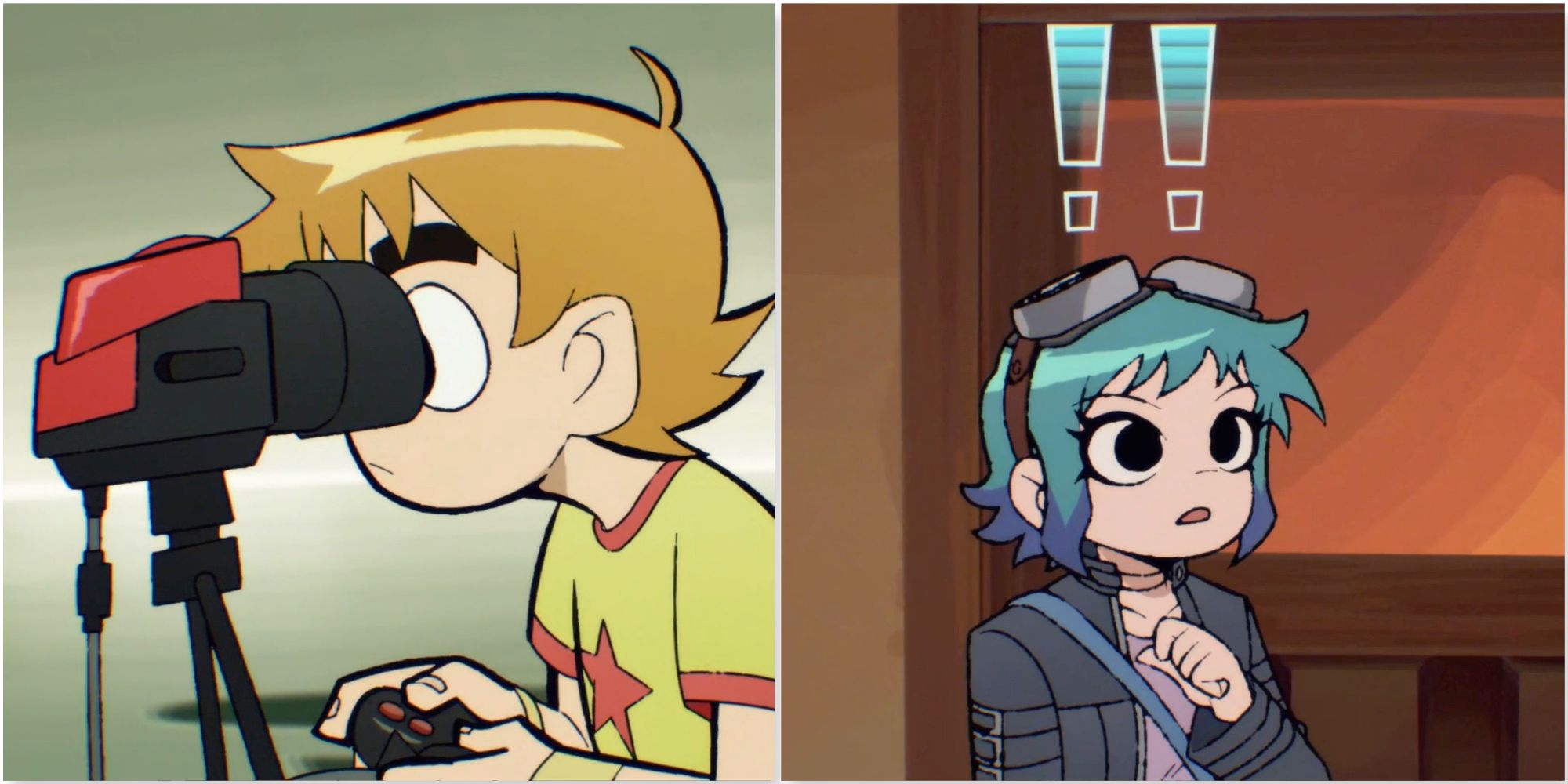 Scott playing the Virtual Boy in Scott Pilgrim Takes Off and Ramona looking surprised