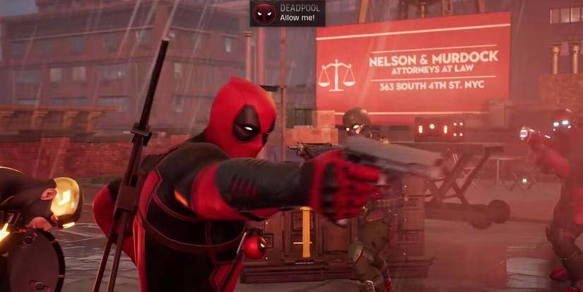 Deadpool Aiming A Pistol While Surrounded by Guards