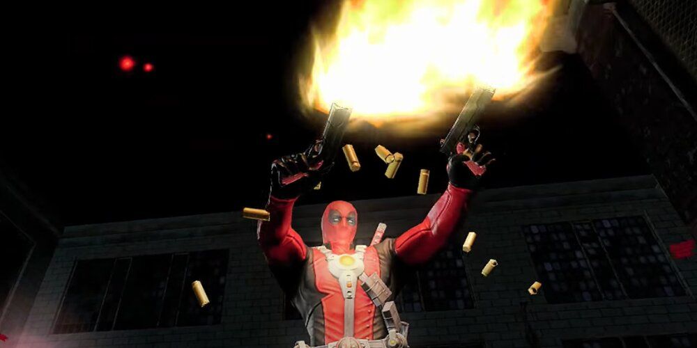 Deadpool Firing Two Pistols With Bullets Flying Everyhwhere