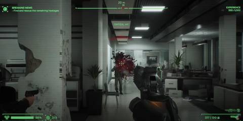 RoboCop shooting an enemy with the Auto-9 Pistol