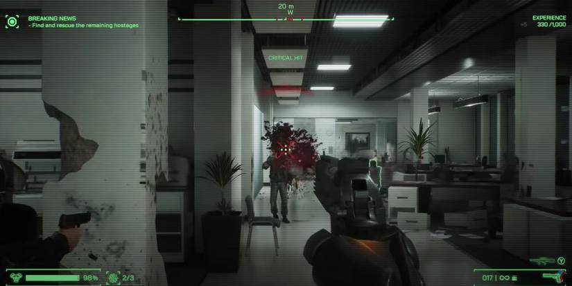 RoboCop shooting an enemy with the Auto-9 Pistol