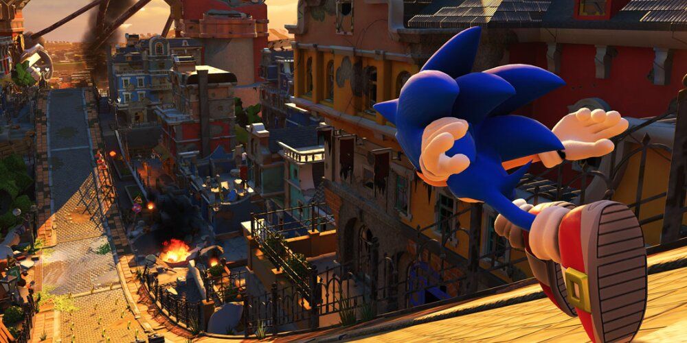 Sonic running down a ramp in a city