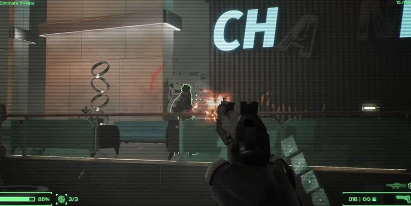 Firing the AUTO-9 pistol at an enemy in RoboCop: Rogue City