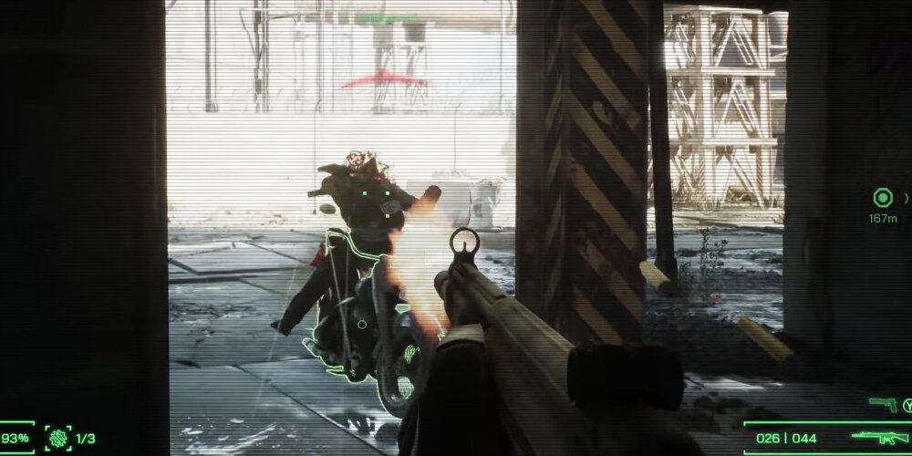 RoboCop shooting an enemy on a bike in RoboCop: Rogue City