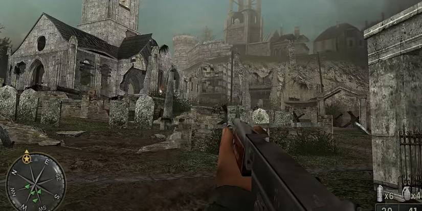 Soldier walking through a graveyard near a church