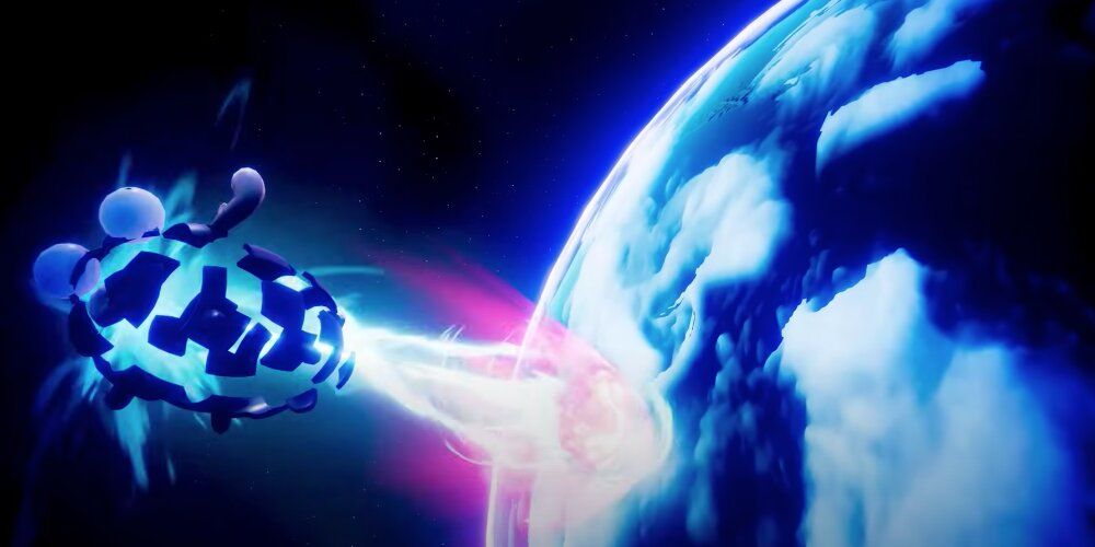 Invader Zim's space station firing a laser at the earth