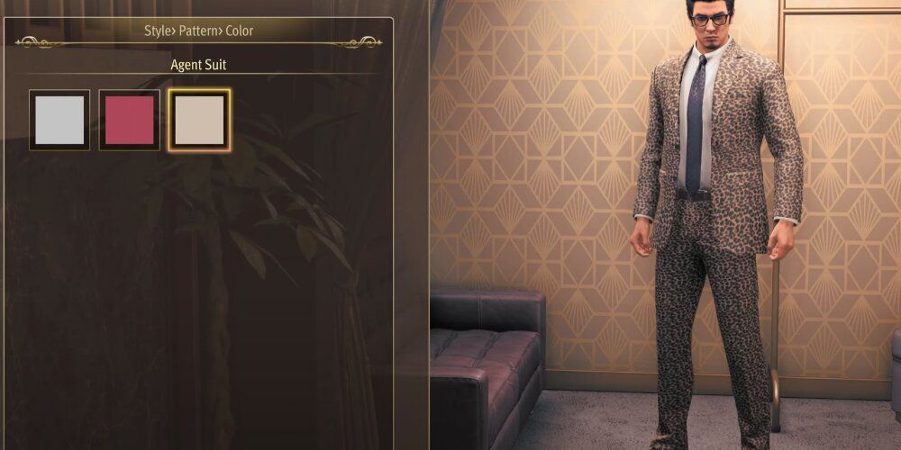 Kiryu wearing a leopard print suit