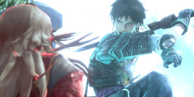 Main character swinging a sword at young girl in Last Remnant