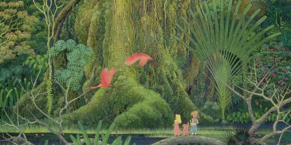 Secret of Mana trio looking at a massive mana tree