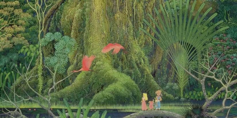 Secret of Mana trio looking at a massive mana tree