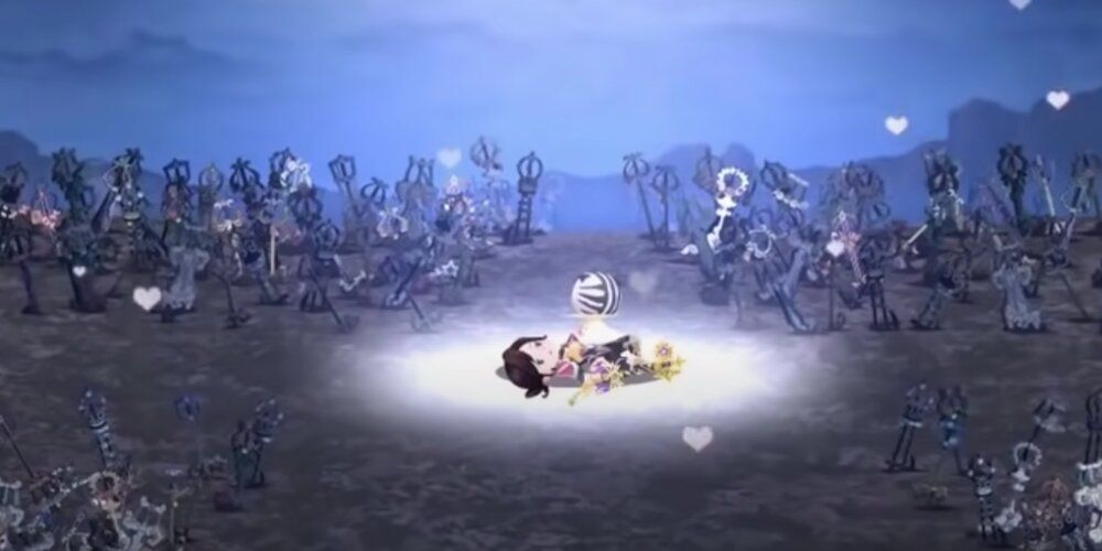 Player lying in a graveyard of Keyblades