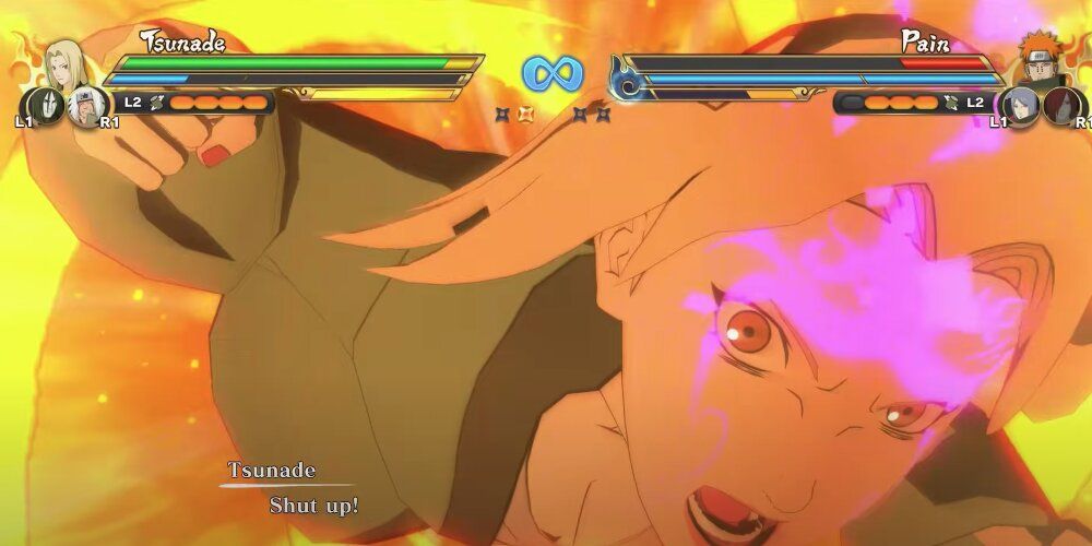 Tsunade punching through a whirlwind of fire