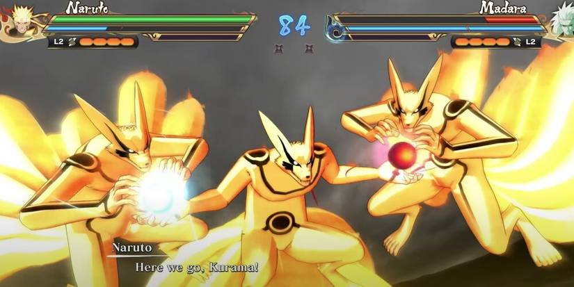 Naruto using Kurama clones to create two Wind Shurikens