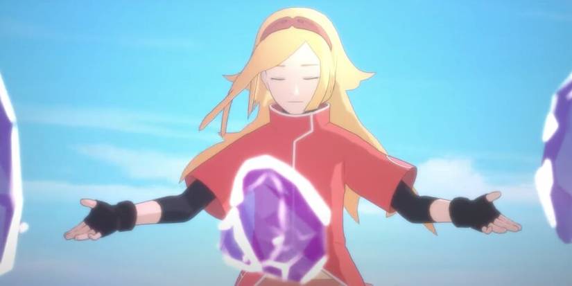 Blonde haired character floating by some purple gems