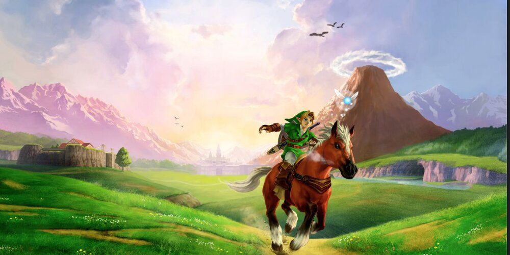 Link andando a cavalo pelos Campos de Hyrule