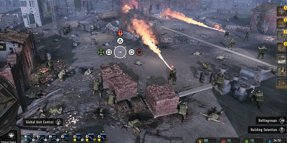 Soldiers using a flamethrower to burn down a building 