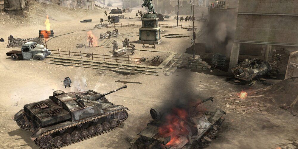 Soldiers firing at an armoured tank in Company Of Heroes 