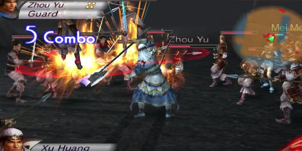 Xu Huang attacking a large horde of enemies with his axe 