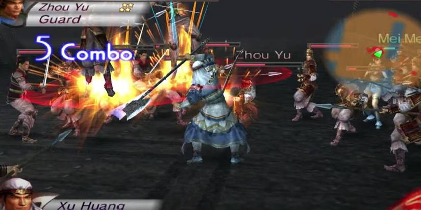 Xu Huang attacking a large horde of enemies with his axe 