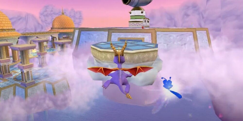 Spyro gliding between two floating platforms