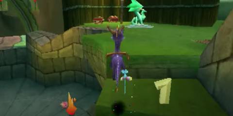 Spyro jumping up a platform in Spyro The Dragon