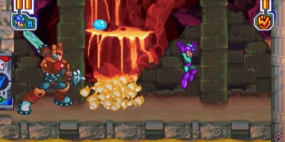 Sword Man unleashing flames while fighting against Mega Man