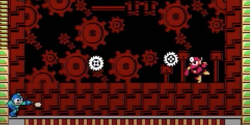 Metal Man throwing blades at Mega Man