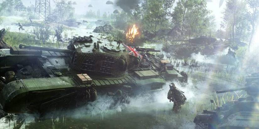 Soldiers running alongside a tank in Battlefield 5