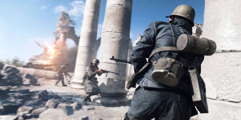 Soldiers firing at each other in a ruined church