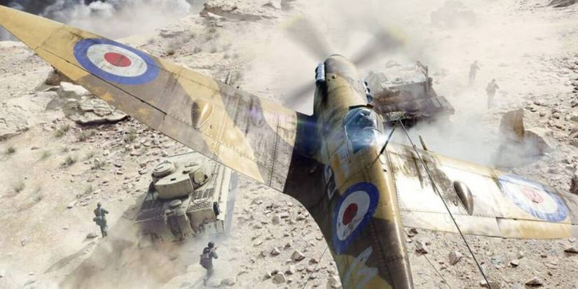 Plane flying over a group of soldiers and tanks