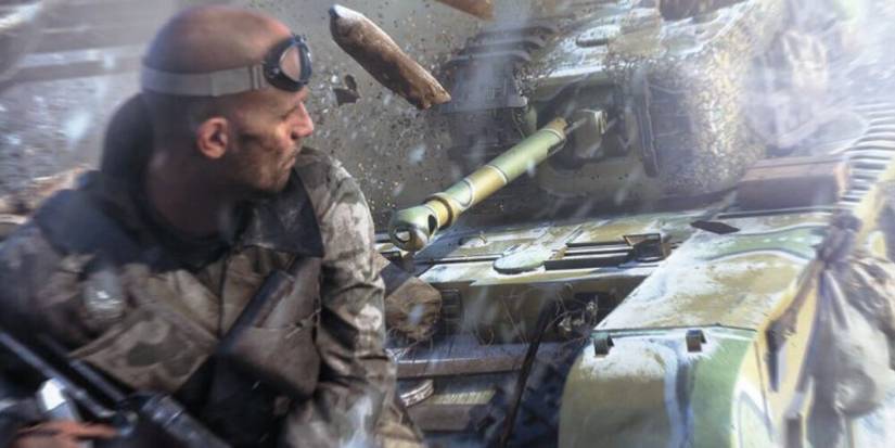 Soldier running away from a tank 