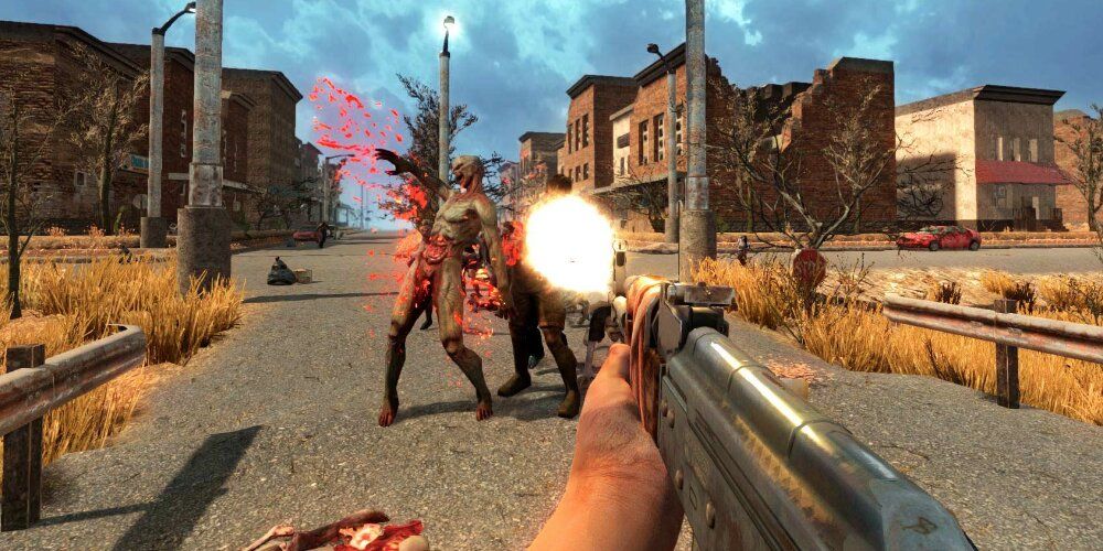 Player firing an AK-47 at a zombie 