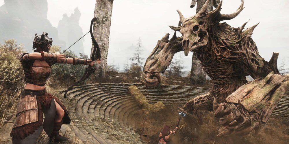 Archer aiming her arrow at a brute with skeleton armor