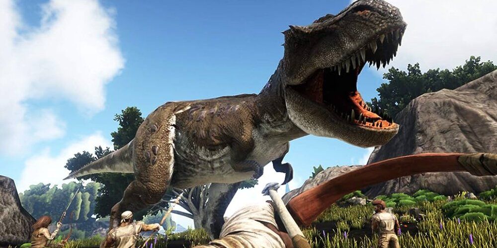 A T-Rex attacks humans in Ark