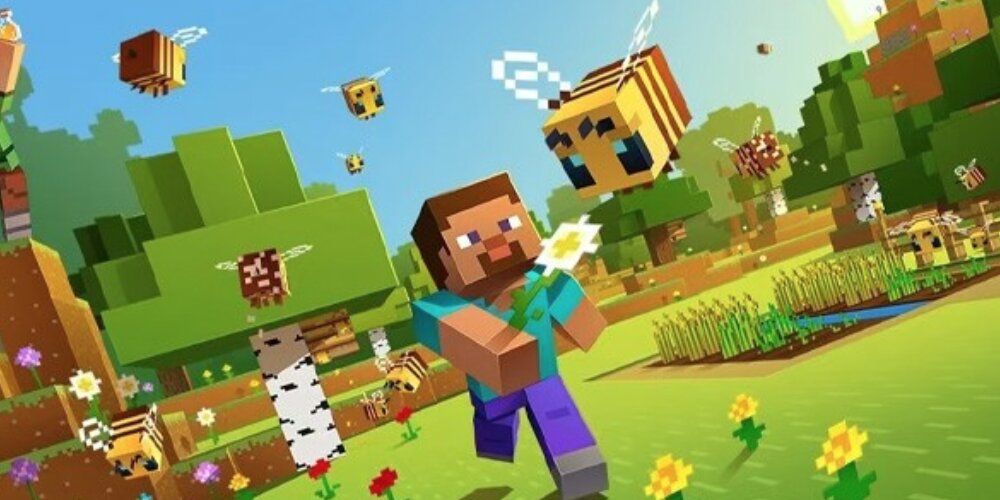 Steve chasing a bee with a flower in his hand 