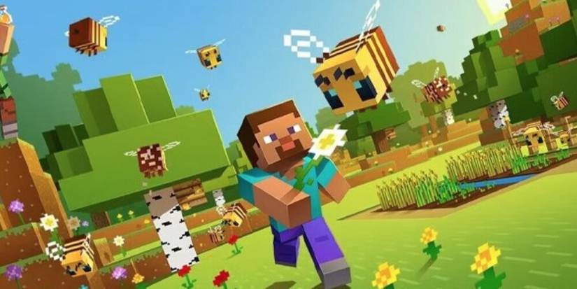 Steve chasing a bee with a flower in his hand 