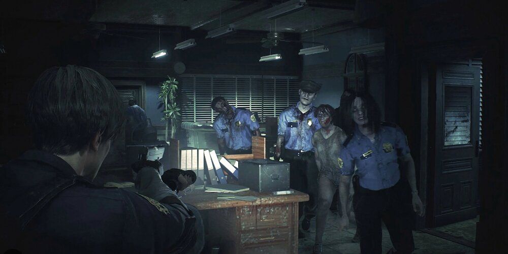 Leon aiming at zombies in the RPD