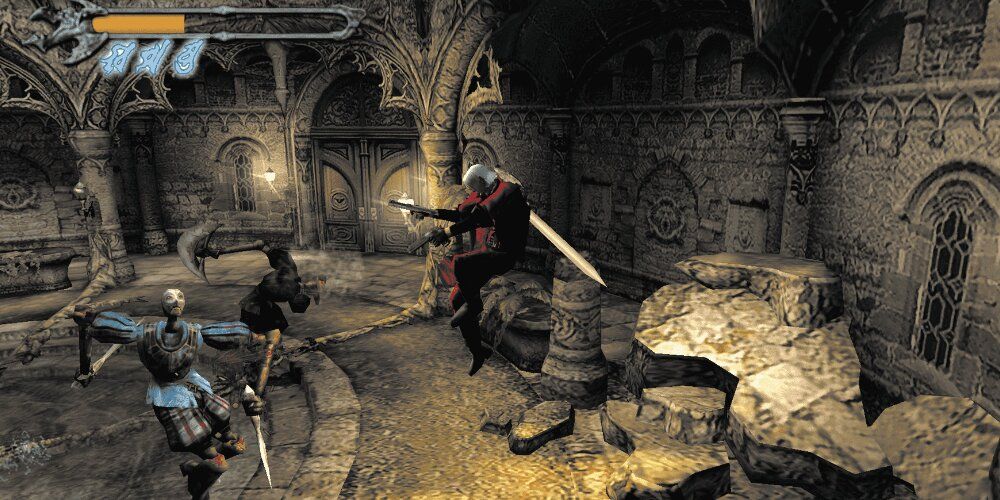 Dante shooting at puppet enemies in Devil May Cry 