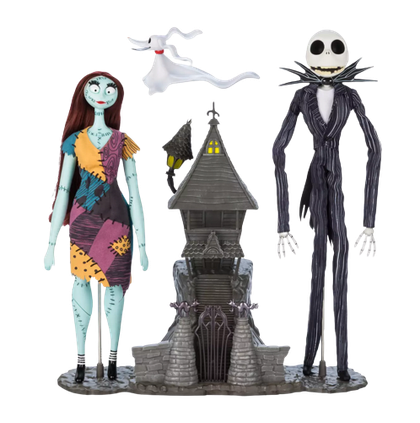 A collector's edition set of Jack Skellington and Sally dolls with black tower figure