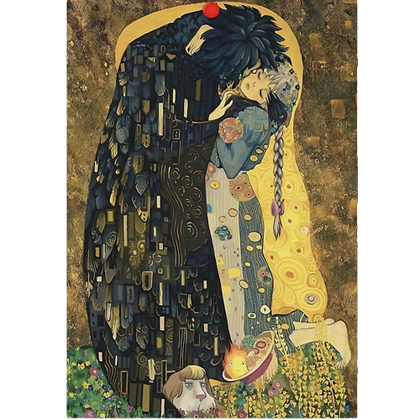 A Howl's Moving Castle Poster with Sophie and Howl embracing in the style of Klimt's The Kiss