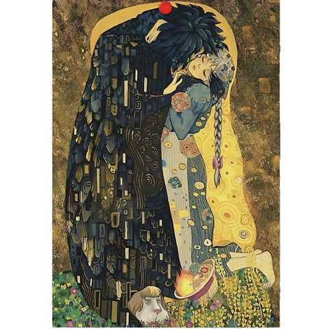 A Howl's Moving Castle Poster with Sophie and Howl embracing in the style of Klimt's The Kiss