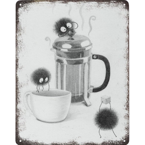 A metal sign with soot goblins for making coffee