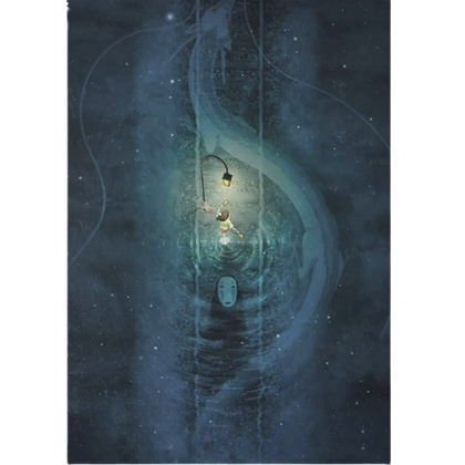 A blue poster of Spirited Away art