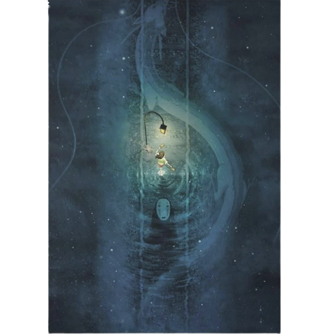 A blue poster of Spirited Away art