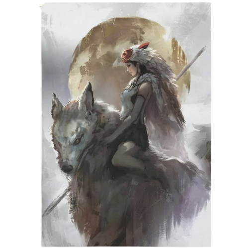 Watercolor poster of Princess Mononoke featuring San riding a wolf