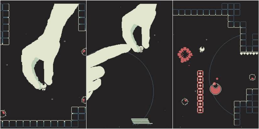 SELF, Little White CharacterIs Carried Around By Giant White Hands And Platforms Through Treacherous Levels